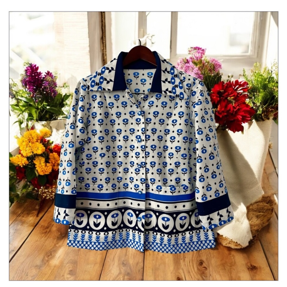 1970s True Vintage Mod Print Tulip Color Block Blazer/Blouse-EUC -Sz M 💙 🖤 - Picture 3 of 16